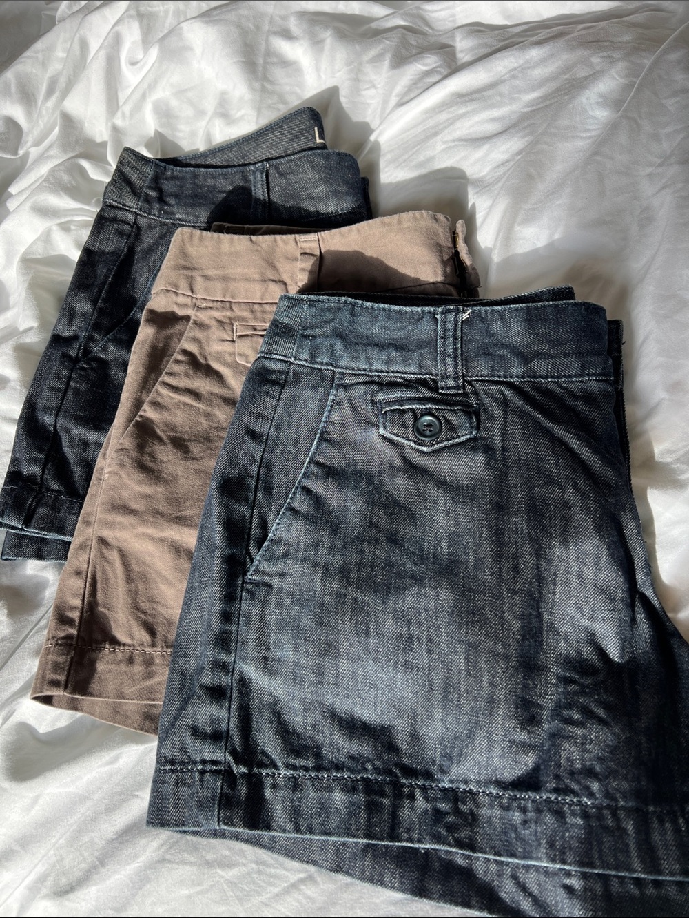 Three Loft 4 inch shorts  in Denim and and Taupe